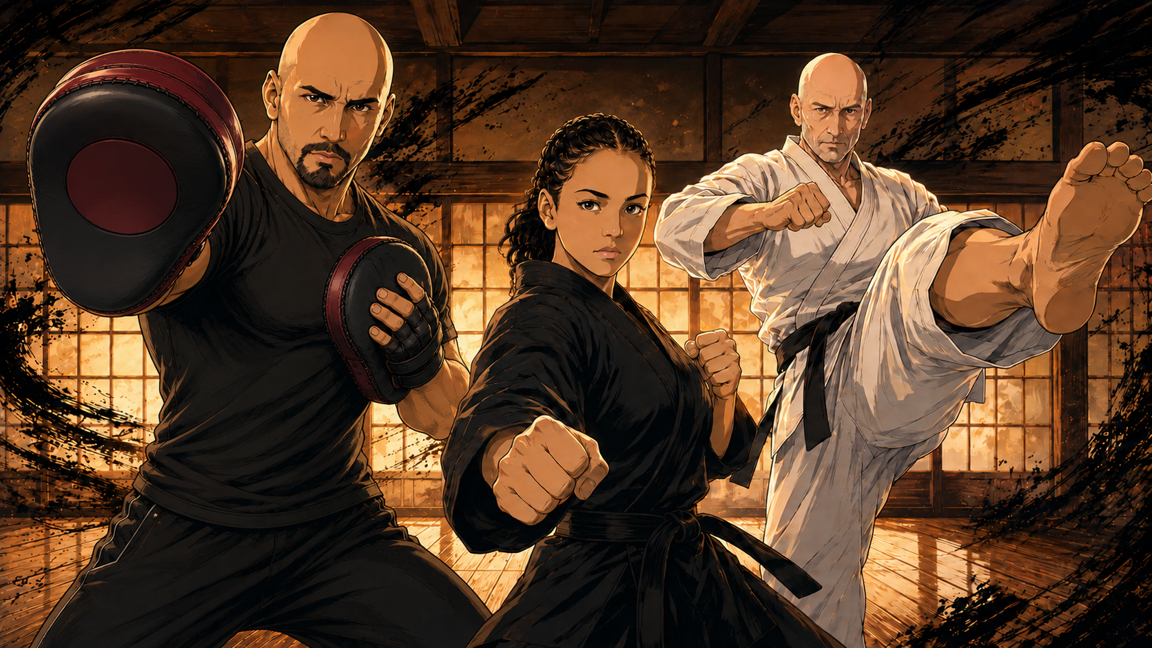 Lina, Karim et Vincent en combat lors d'un cours particulier de karaté